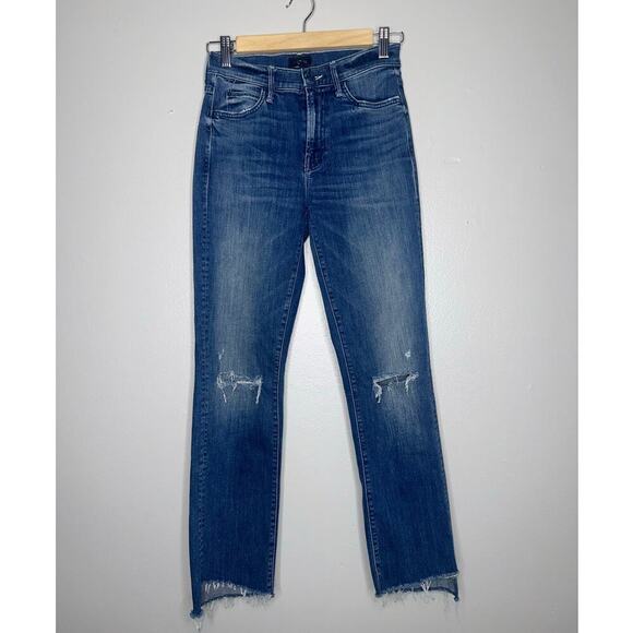 Mother The Rascal Ankle Step Fray Straight Leg Jeans Knee Distressing Blue 25 - Picture 2 of 7